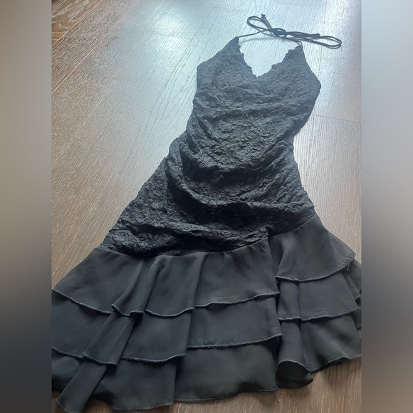 Vintage Black lace halter tie-up asymmetrical evening dress XS - Picture 4 of 15
